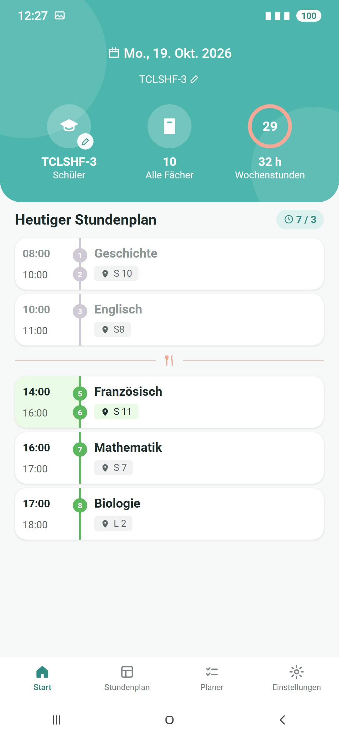 Heutige Stunden in der App Timetable Plus