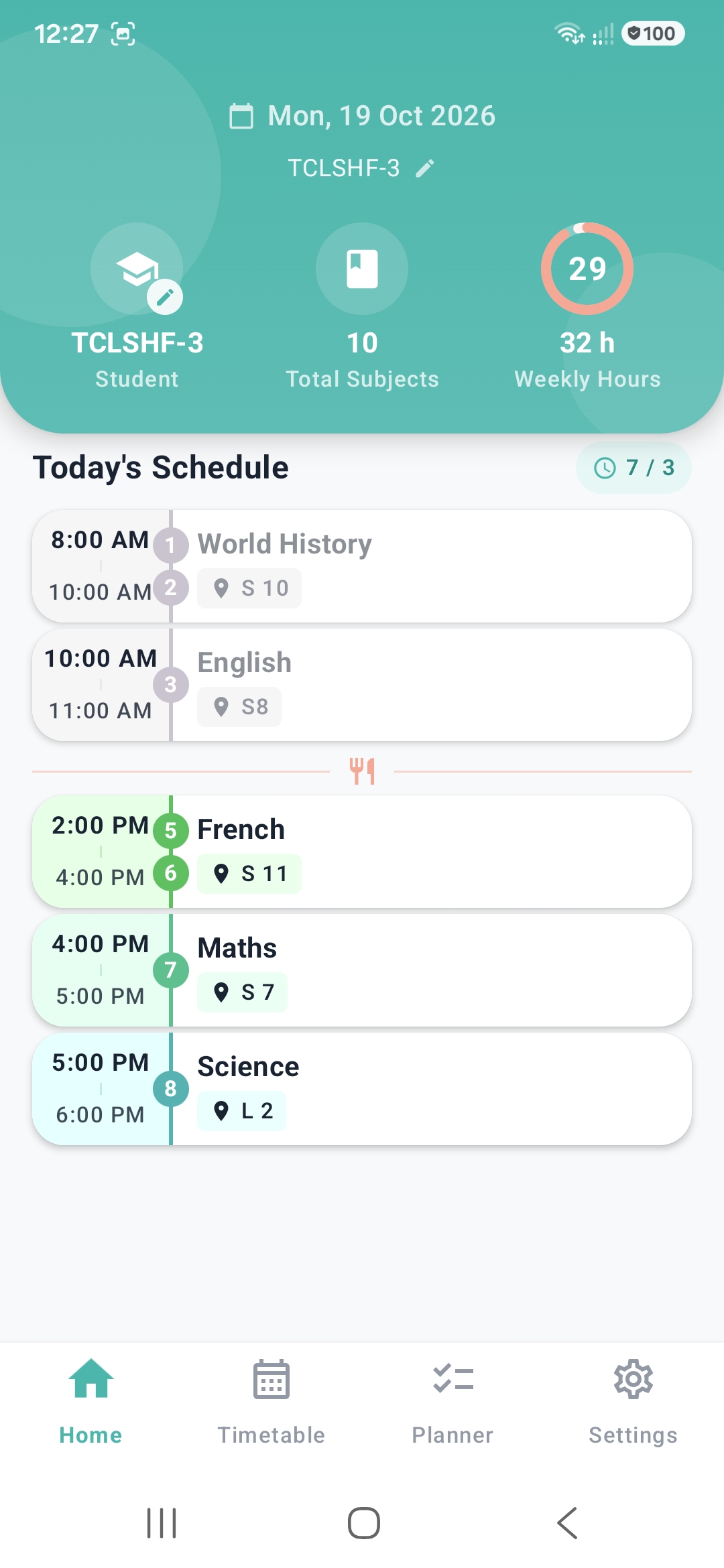 Today's classes in the Timetable Plus app