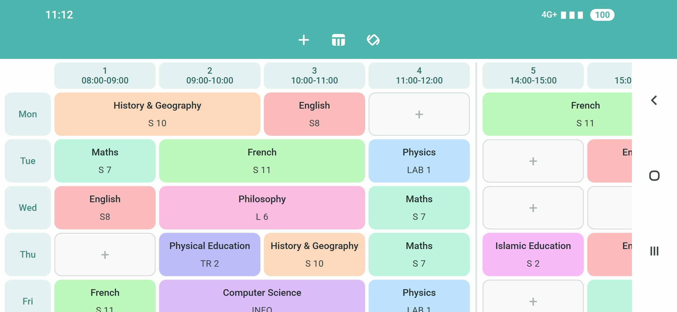 Weekly school timetable in landscape view