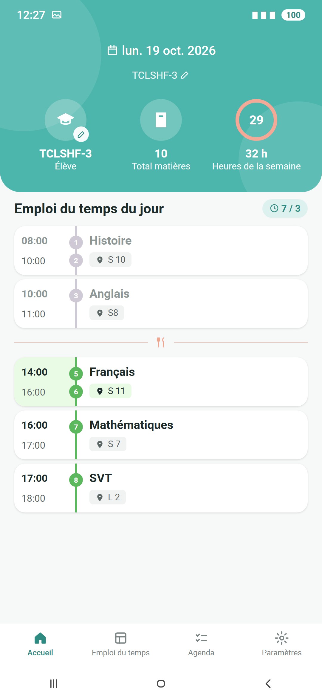 Les cours du jour dans l'application Timetable Plus