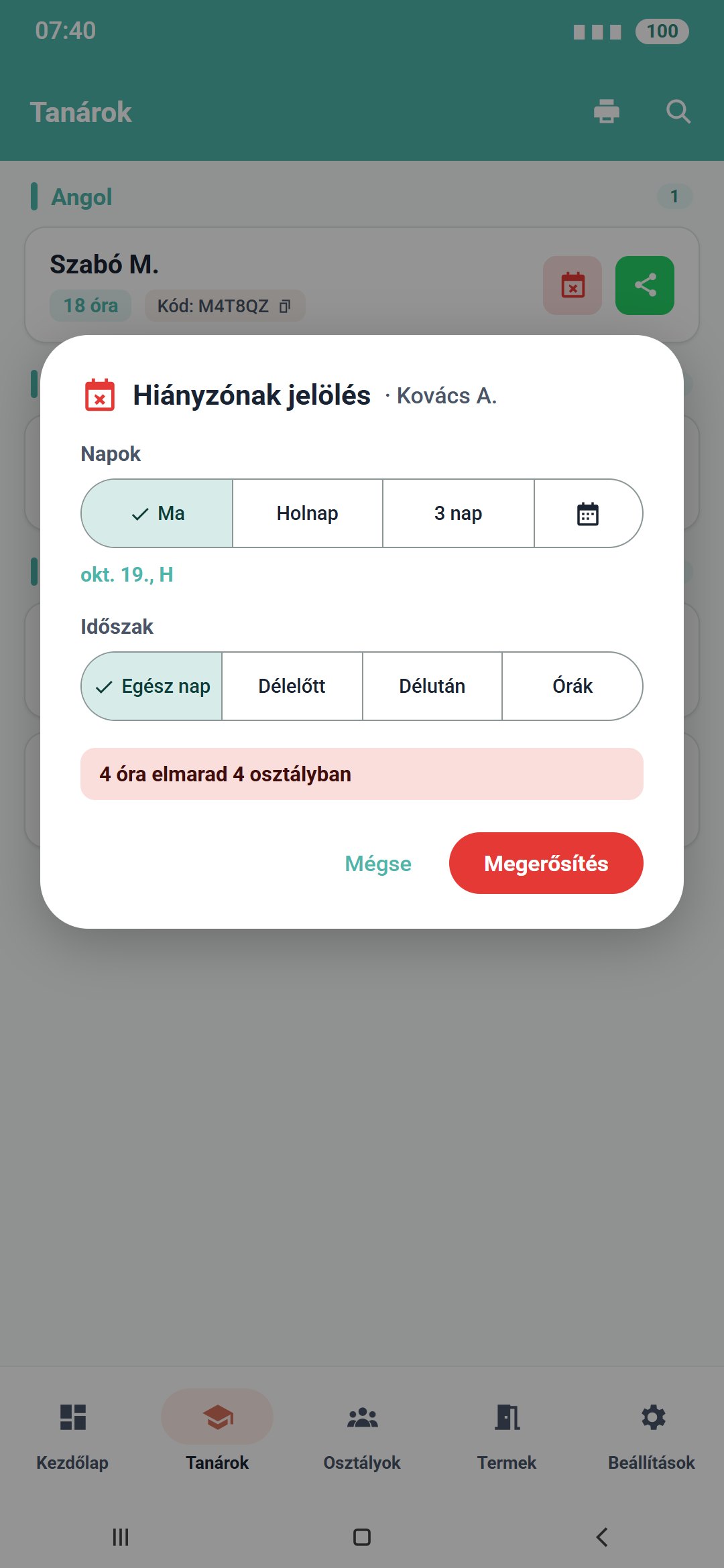 Tanári hiányzás rögzítése