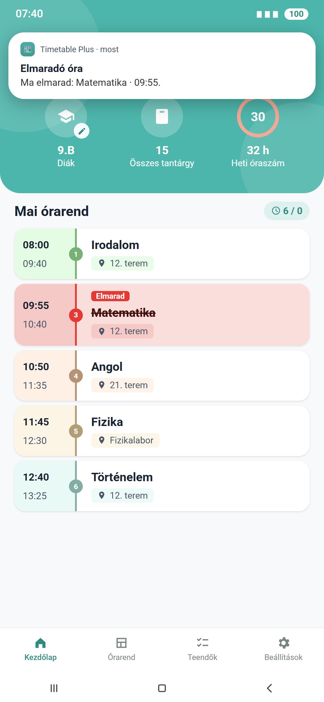 A diák látja az elmaradó órát