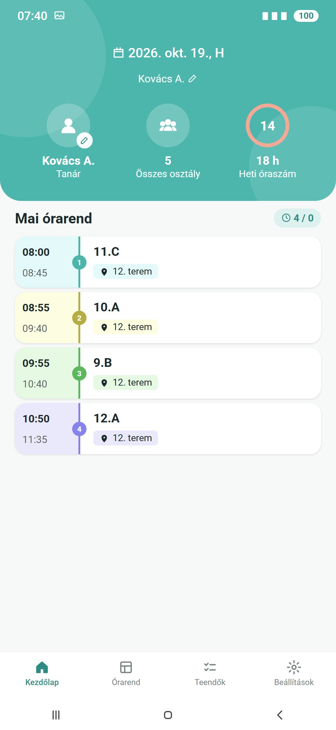 Egy tanár mai osztályai a Timetable Plus alkalmazásban