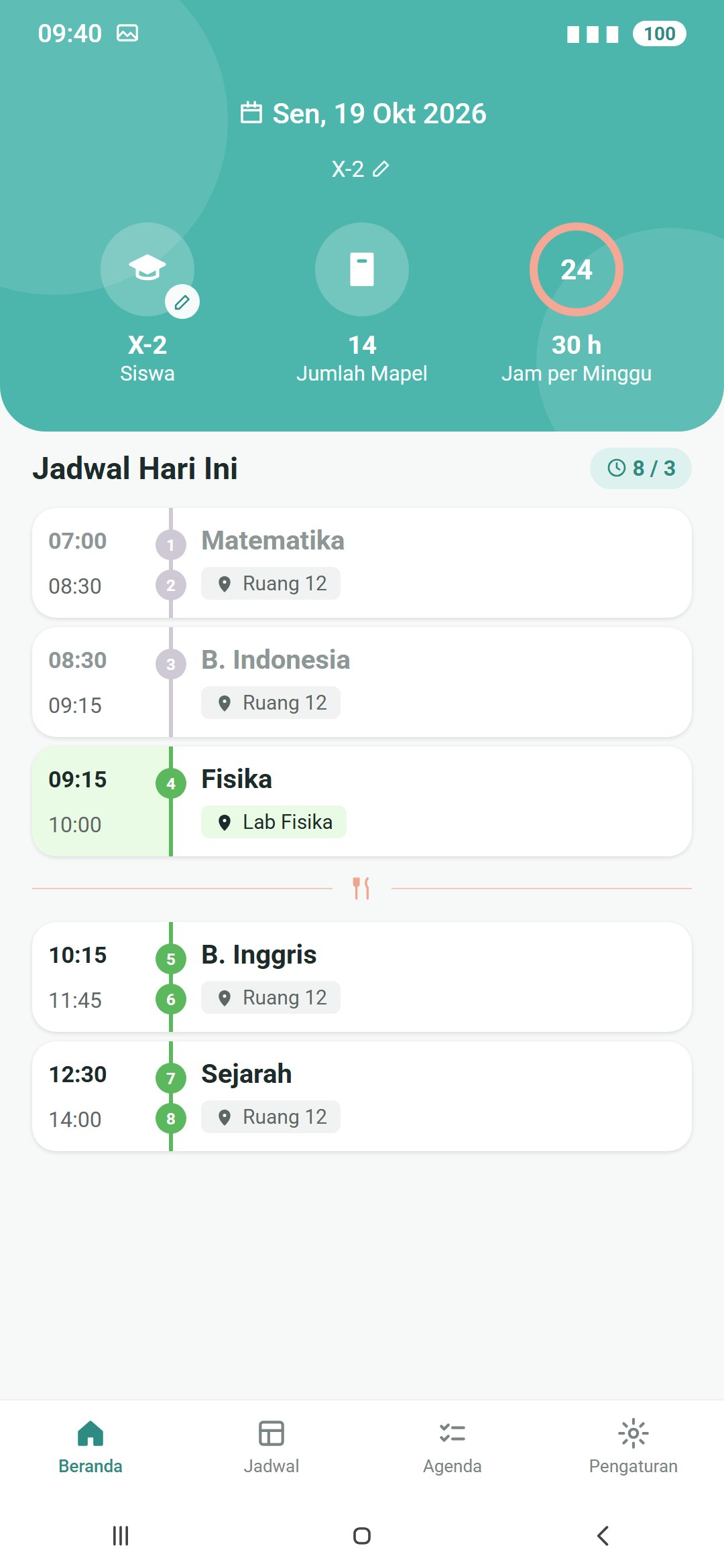 Pelajaran hari ini di aplikasi Timetable Plus