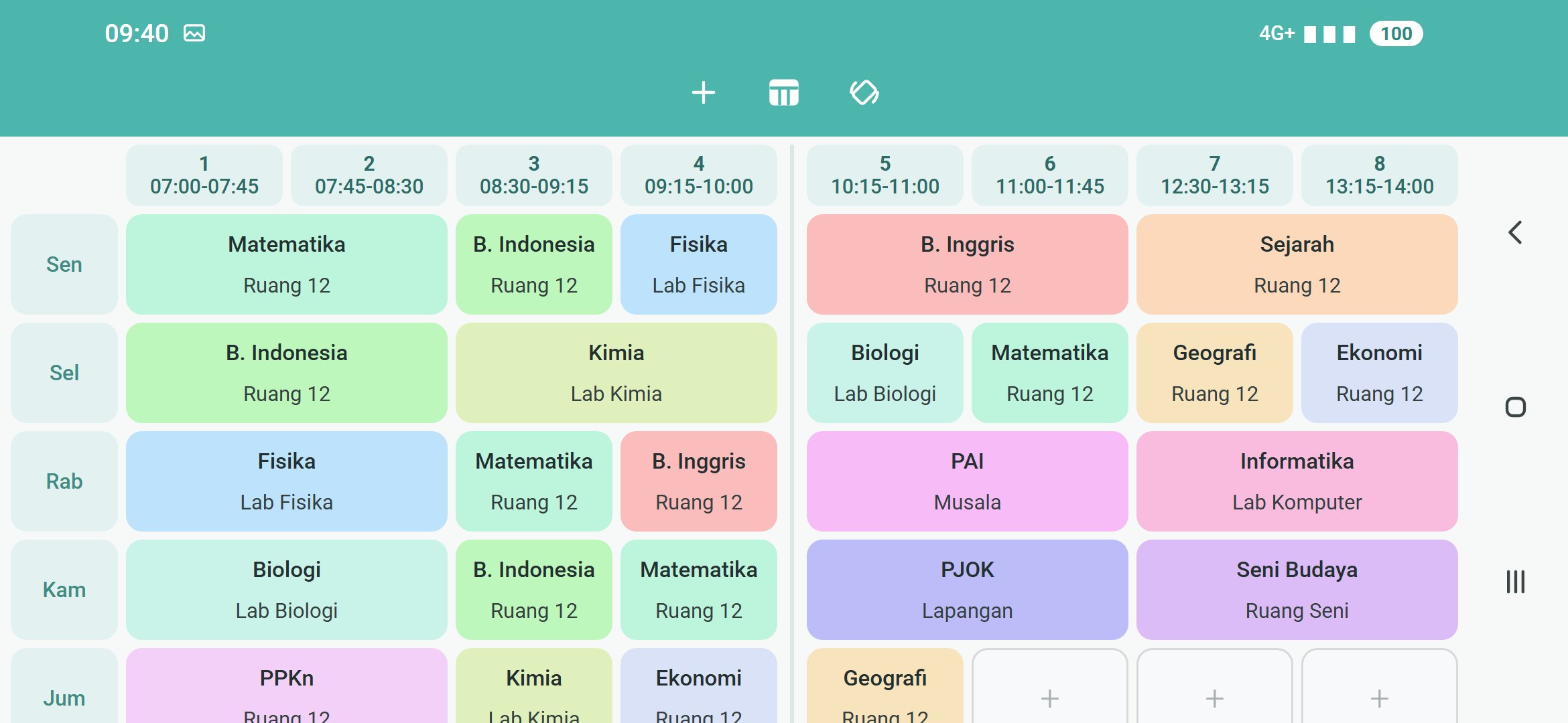 Jadwal pelajaran mingguan dalam tampilan mendatar