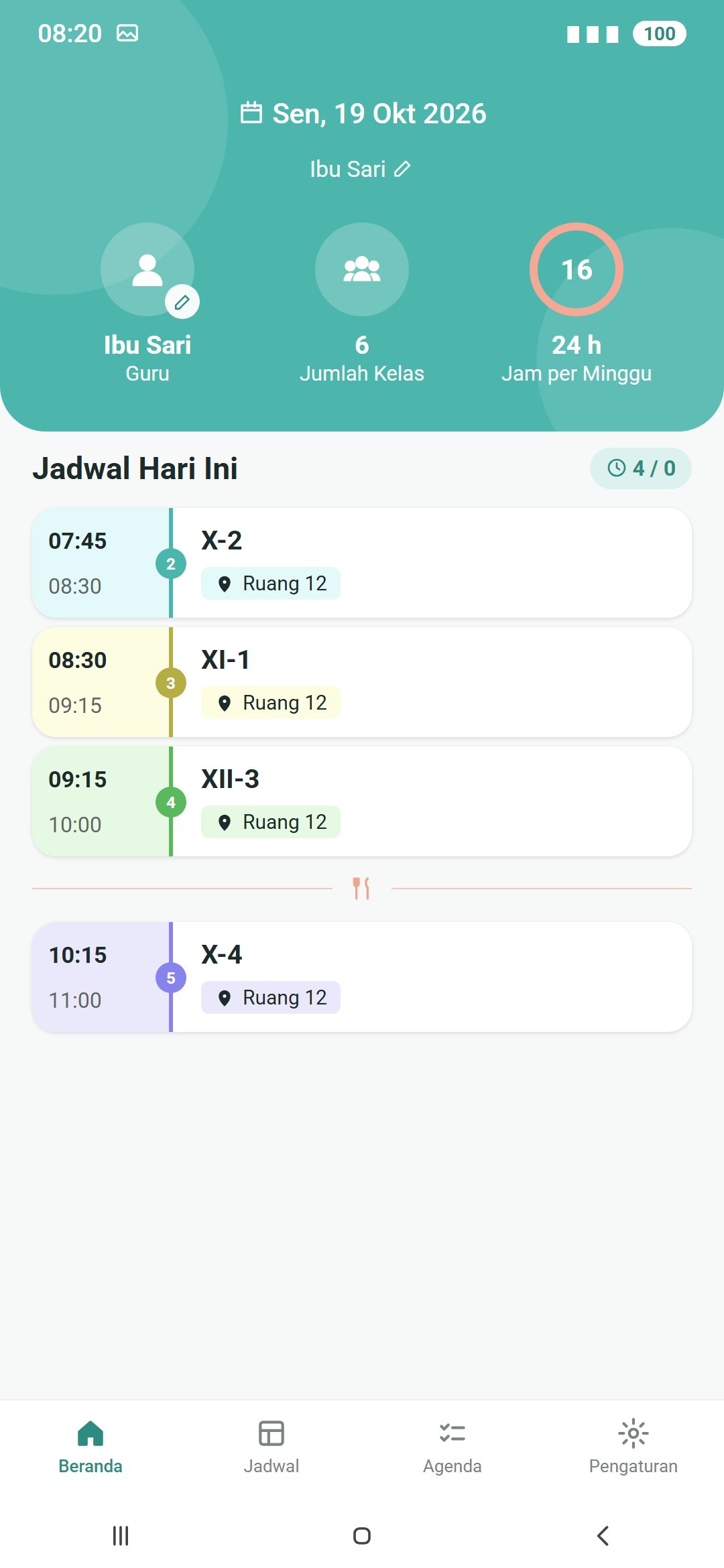 Kelas-kelas seorang guru hari ini di aplikasi Timetable Plus