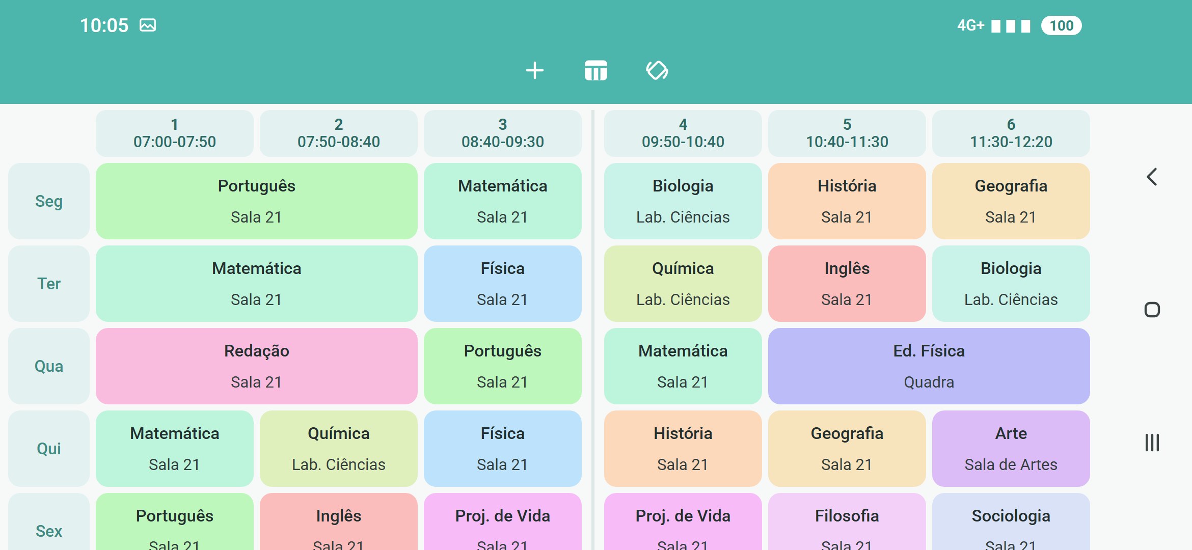 Horário semanal na horizontal